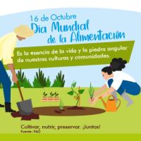 Afiche digital con la ilustración de una pareja en una huerta, sembrando.